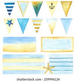 Watercolor collection of labels and banners in marine style, set 1.