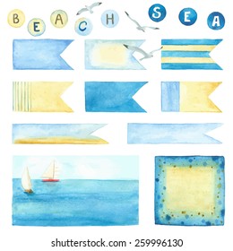 Watercolor collection of labels and banners in marine style, set 2.