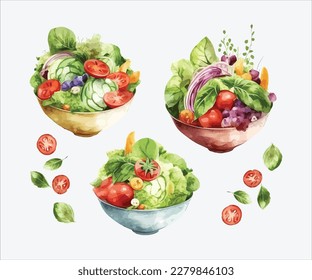 Watercolor collection of salad in white background