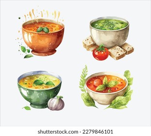Watercolor collection of vegetable soup on white background svg