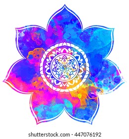 Watercolor color card with mandala. Geometric circle element vector. Adults Coloring book. Kaleidoscope, medallion, yoga, india, arabic. Illustration for print, print, notebook, clothing
