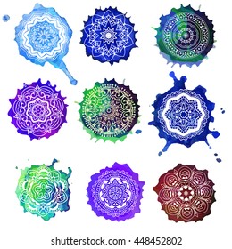 Watercolor color card with mandala. Geometric circle element vector. Art subject, Adults Coloring book. Kaleidoscope, medallion, yoga, india, arabic. Illustration for print, print, notebook, clothing