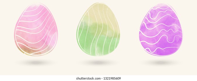 Watercolor color easter eggs set. Vector illustration.