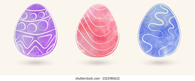 Watercolor color easter eggs set. Vector illustration.