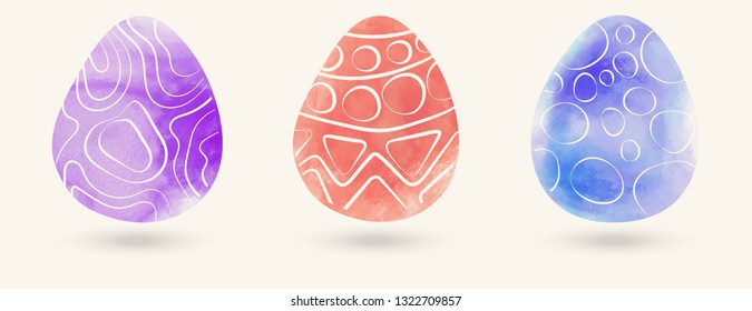 Watercolor color easter eggs set. Vector illustration.