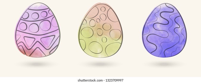 Watercolor color easter eggs set. Vector illustration.