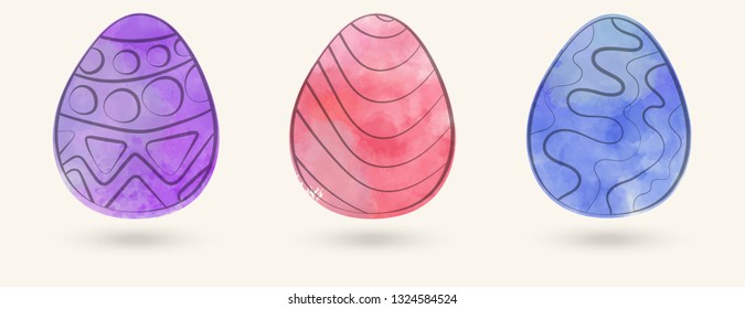 Watercolor color easter eggs set. Vector illustration.