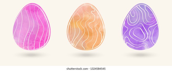 Watercolor color easter eggs set. Vector illustration.