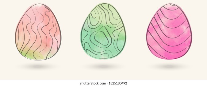 Watercolor color easter eggs set. Vector illustration.