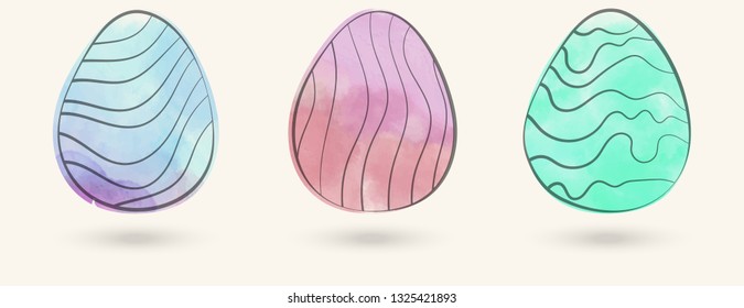 Watercolor color easter eggs set. Vector illustration.