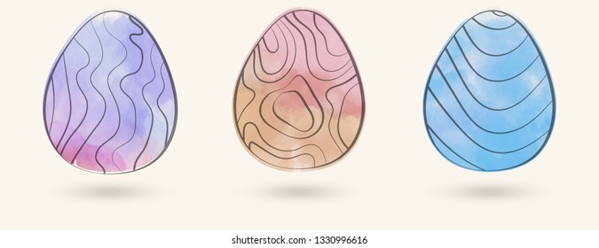 Watercolor color easter eggs set. Vector illustration.