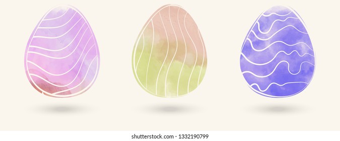 Watercolor color easter eggs set. Vector illustration.