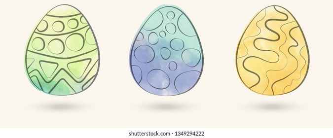 Watercolor color easter eggs set. Vector illustration.