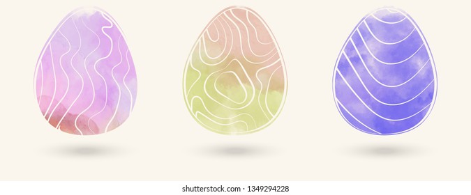 Watercolor color easter eggs set. Vector illustration.