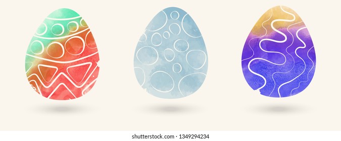 Watercolor color easter eggs set. Vector illustration.