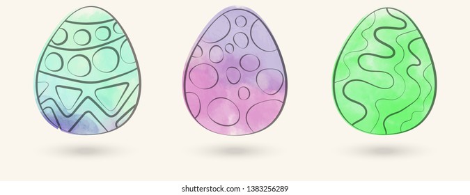 Watercolor color easter eggs set. Vector illustration.
