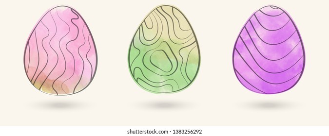 Watercolor color easter eggs set. Vector illustration.