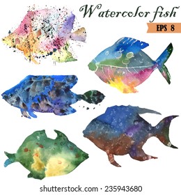 Watercolor color silhouette fish. Vector illustration.