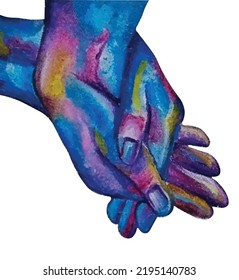 Watercolor Colored hand painting holding hands. Vector illustration