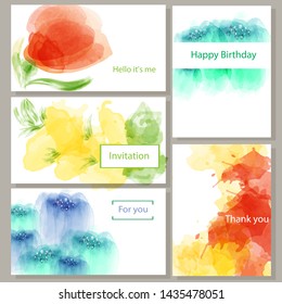 Watercolor colored leaves and flowers on a white background. A set of invitation cards, greeting cards, advertisements, watercolor design for business cards, hand drawing