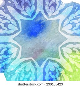 watercolor colorful background with abstract stains and snowflakes