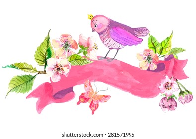 Watercolor colorful background. Birds and flowers with pink ribbon for wedding design, Vector