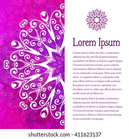 Watercolor colorful  background with mandala pattern. Grunge background with white ornament. Design for greeting card, invitation, certificate, flyer. Free place for your text. Vector illustration