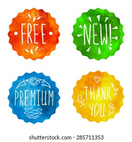 Watercolor colorful banners. Watercolour painting. Highly detailed vector watercolor badges: free, new, premium, thank you