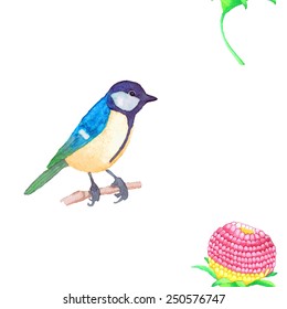Watercolor colorful bird and flower pattern. Hand drawn animal floral aqua color wet seamless background texture on white. Vector isolated watercolor painting.