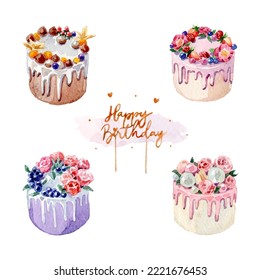 Watercolor colorful birthday cakes collection