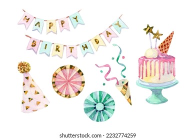 Watercolor colorful birthday elements collection