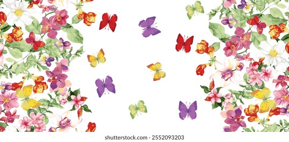 Acuarela colorida azul rosa flores silvestres y mariposas, borde del prado, primavera verano Ilustración botánica
