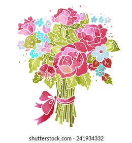 Watercolor colorful bouquet of flowers with ribbon and bow closeup isolated on white background