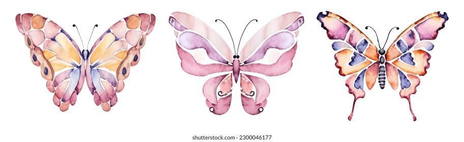 Watercolor colorful butterflies, isolated on white background. Pink butterfly spring illustration. High quality illustration