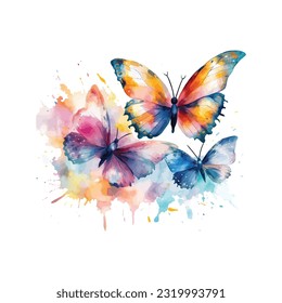 Watercolor colorful butterflies, isolated on white background spring illustration