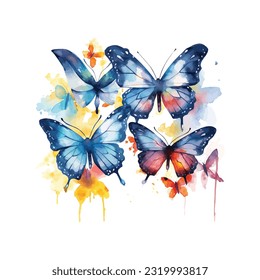 Watercolor colorful butterflies, isolated on white background spring illustration