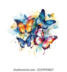 Watercolor colorful butterflies, isolated on white background spring illustration
