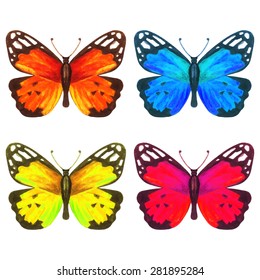 Watercolor colorful butterflies set closeup isolated on white background. Hand painting on paper