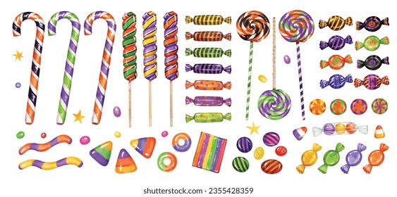 Watercolor colorful candy and sweets set. Halloween trick or treat candies isolated vector elements, candy cane, spiral lollipops, swirl lollipops, jelly candy