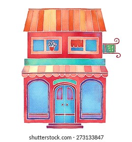 Watercolor colorful cartoon building, house exterior closeup isolated on white background