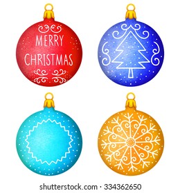 Watercolor colorful Christmas balls isolated on white background set. Merry Christmas lettering, tree, frame, snowflake 