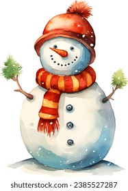 Watercolor colorful Christmas snowman on white background