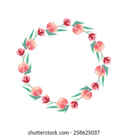 Watercolor colorful circular floral wreath with summer flowers and central white copy space for your text. Vector Illustration 