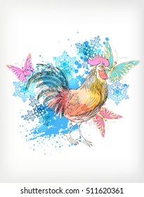  Watercolor  colorful cock. Vector design.