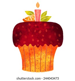 Watercolor colorful cupcake with burning candle and citrus fruit slice closeup isolated on white background 