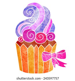 Watercolor colorful cupcake with cream and bow closeup isolated on white background 