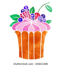 Watercolor colorful cupcake with fruits and berries closeup isolated on white background 