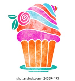 Watercolor colorful cupcake with rose flower and cream closeup isolated on white background 