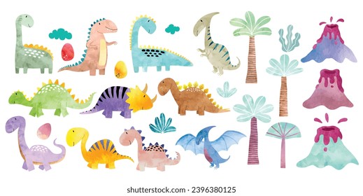 Watercolor colorful cute dinosaurs illustration. 