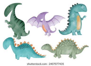 Watercolor colorful cute dinosaurs illustration.